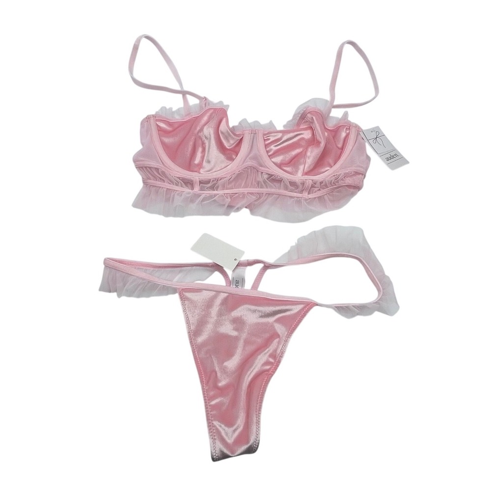 Auden Pink Ruffle Lingerie Set Bra and Thong XS Light Pink NWT